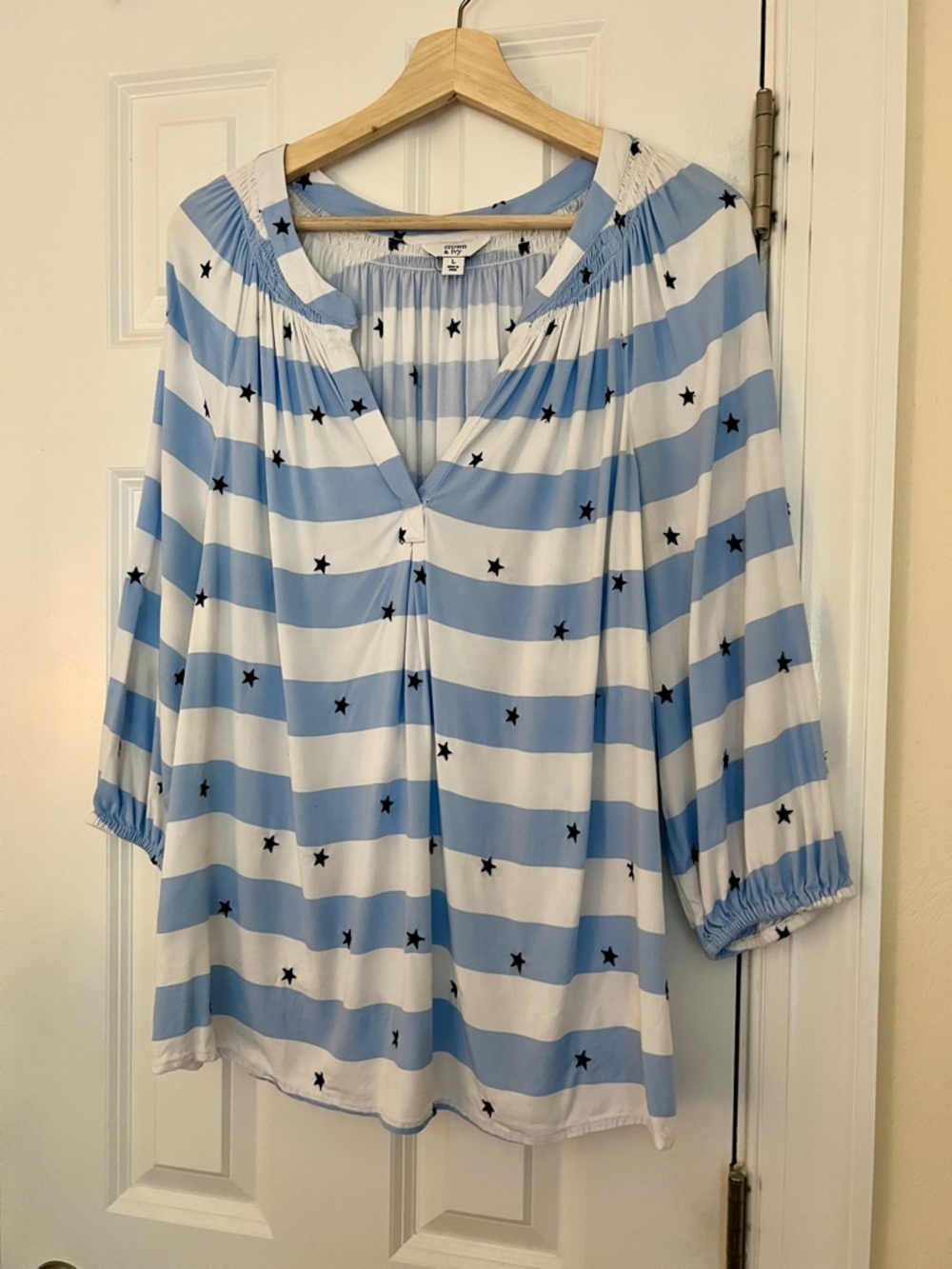Crown & Ivy Blue and White Striped Embroidered Stars Blouse -Large preloved